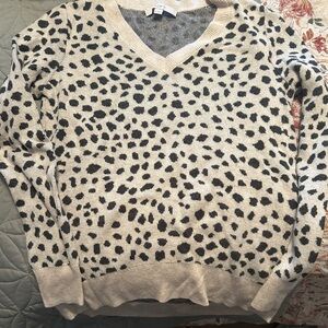 LOFT V-Neck Sweater in Cream and Black Animal Print